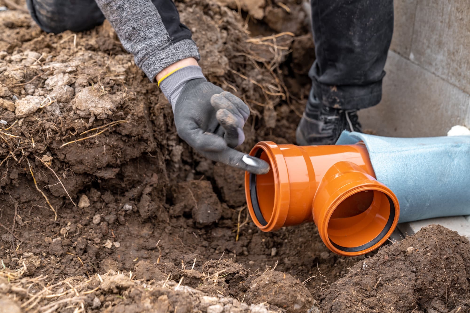 plastic pvc waste sewer pipe in the ground construction site